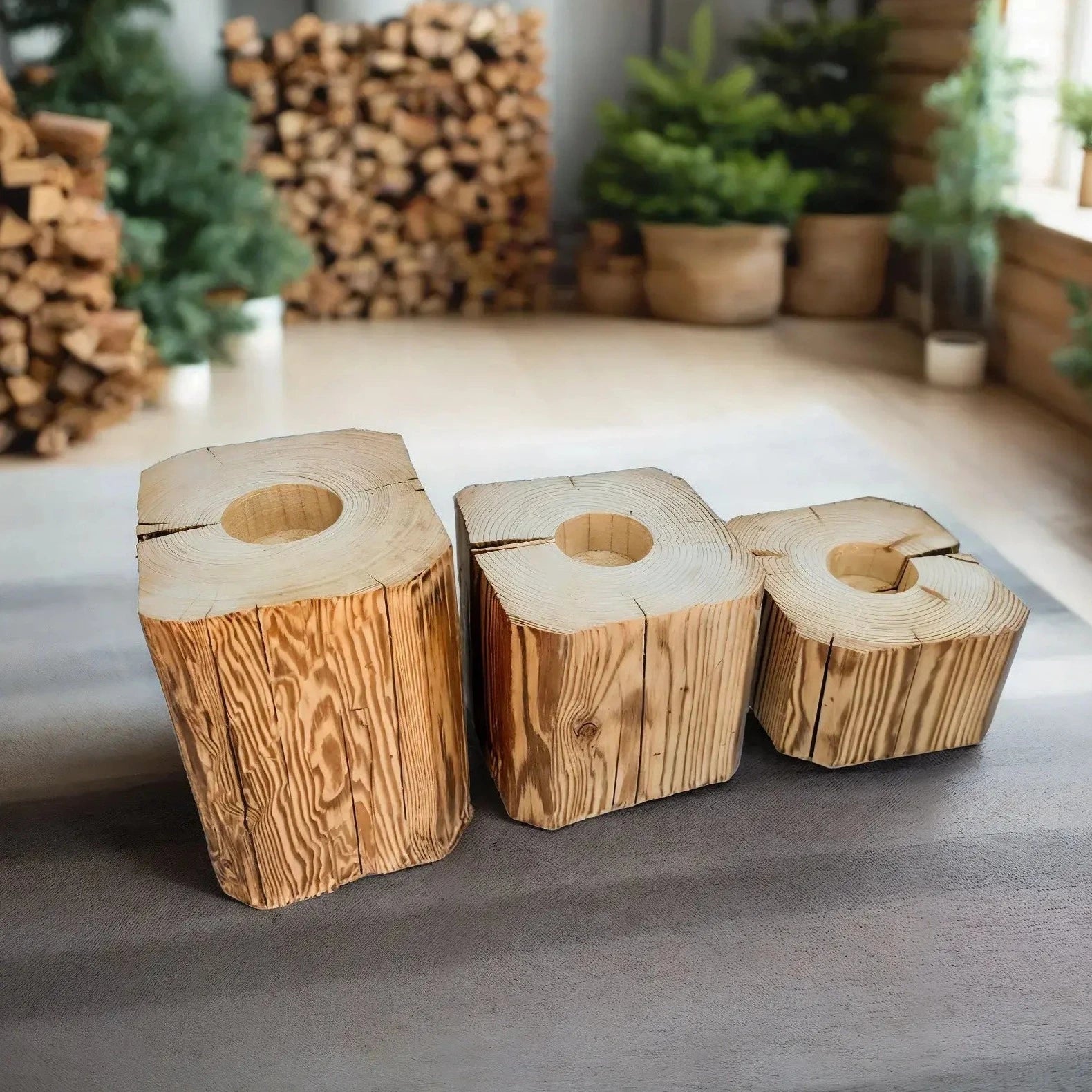 3er Set Kerzenständer aus behauenem Holz