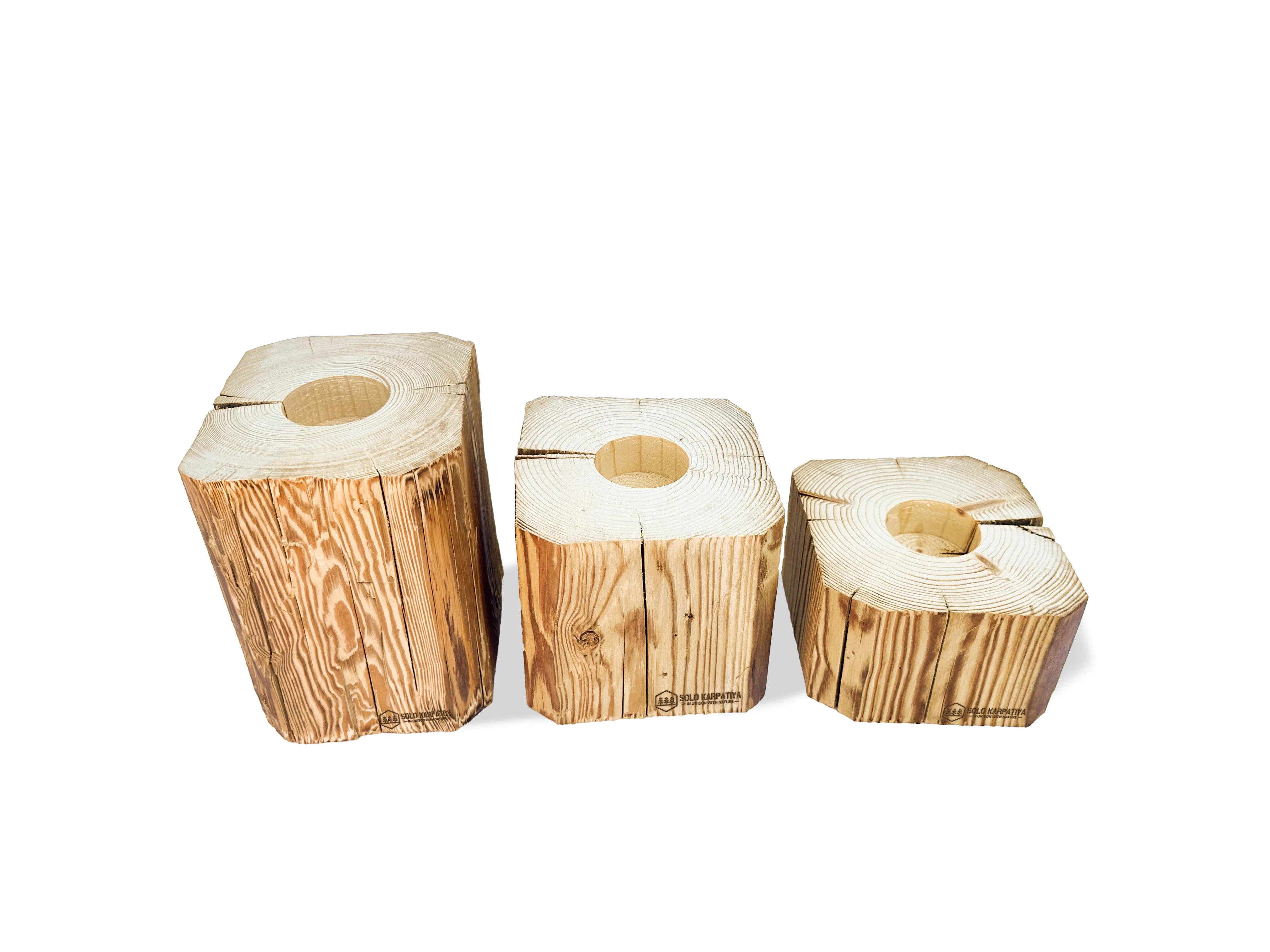 3er Set Kerzenständer aus behauenem Holz