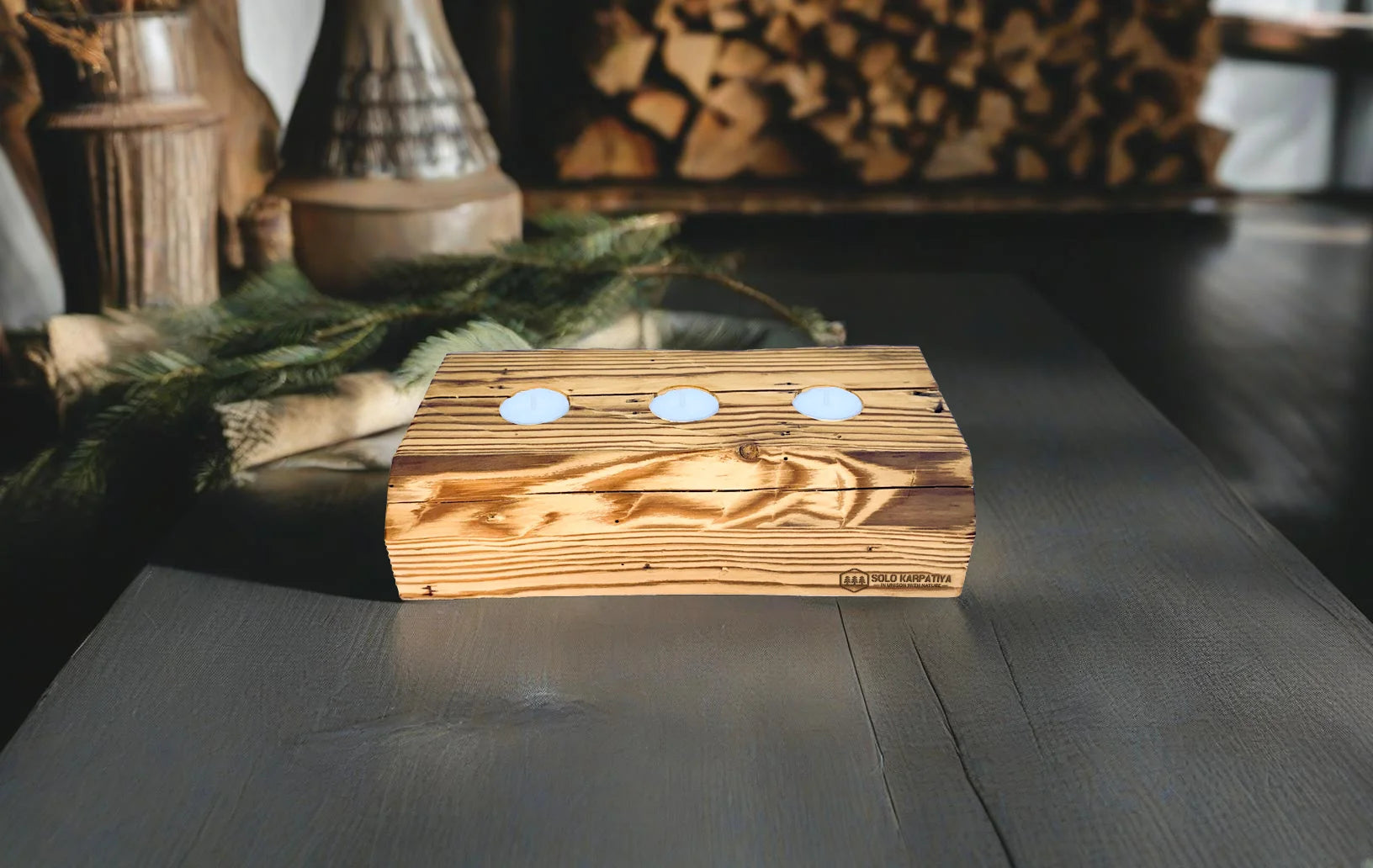 Half-log carved candleholder for 3 small candles