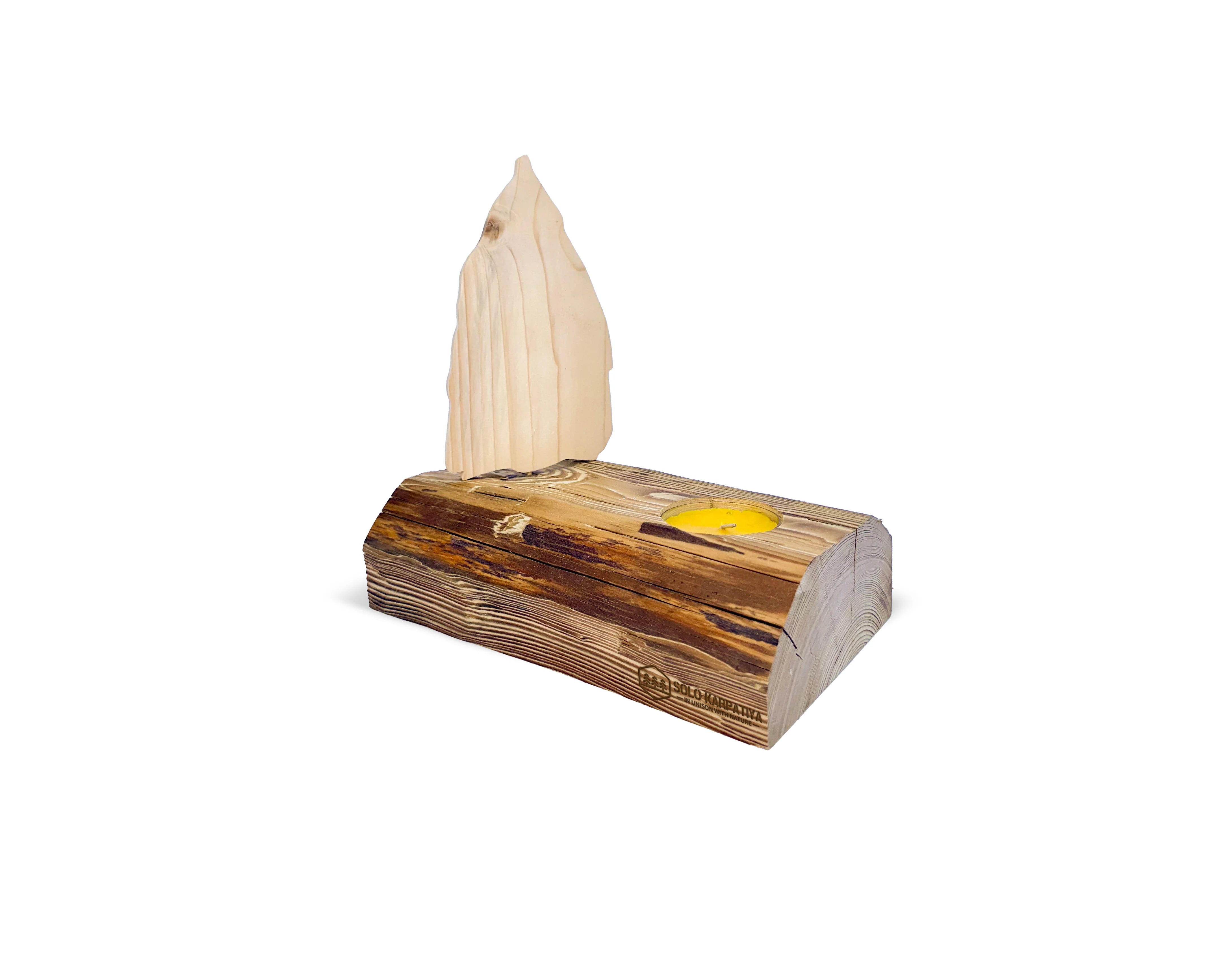 Half-log carved candle holder for 1 large candle and decorative wooden figure