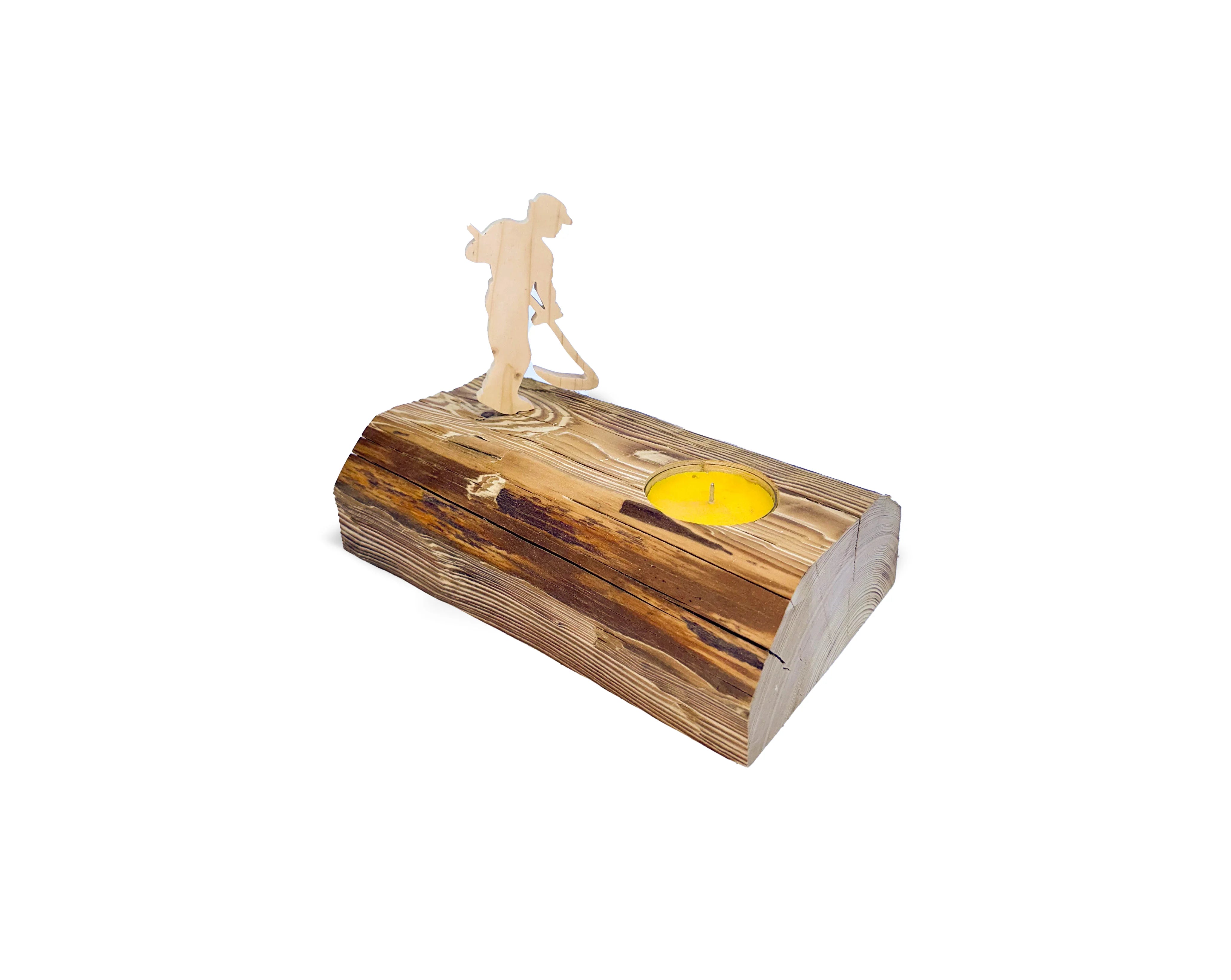 Half-log carved candle holder for 1 large candle and decorative wooden figure