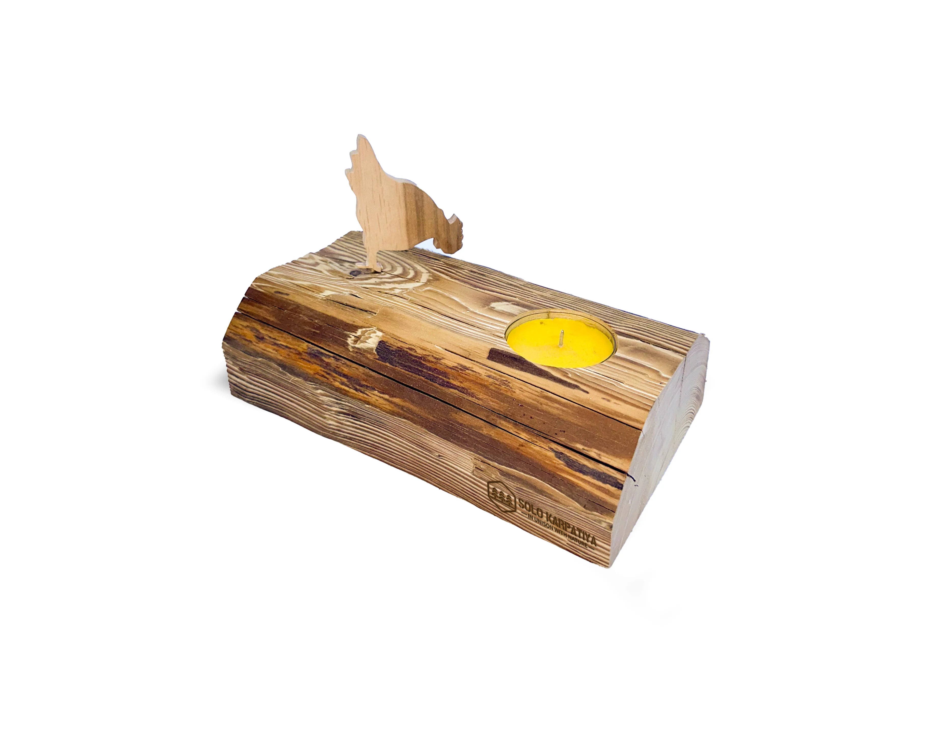 Half-log carved candle holder for 1 large candle and decorative wooden figure