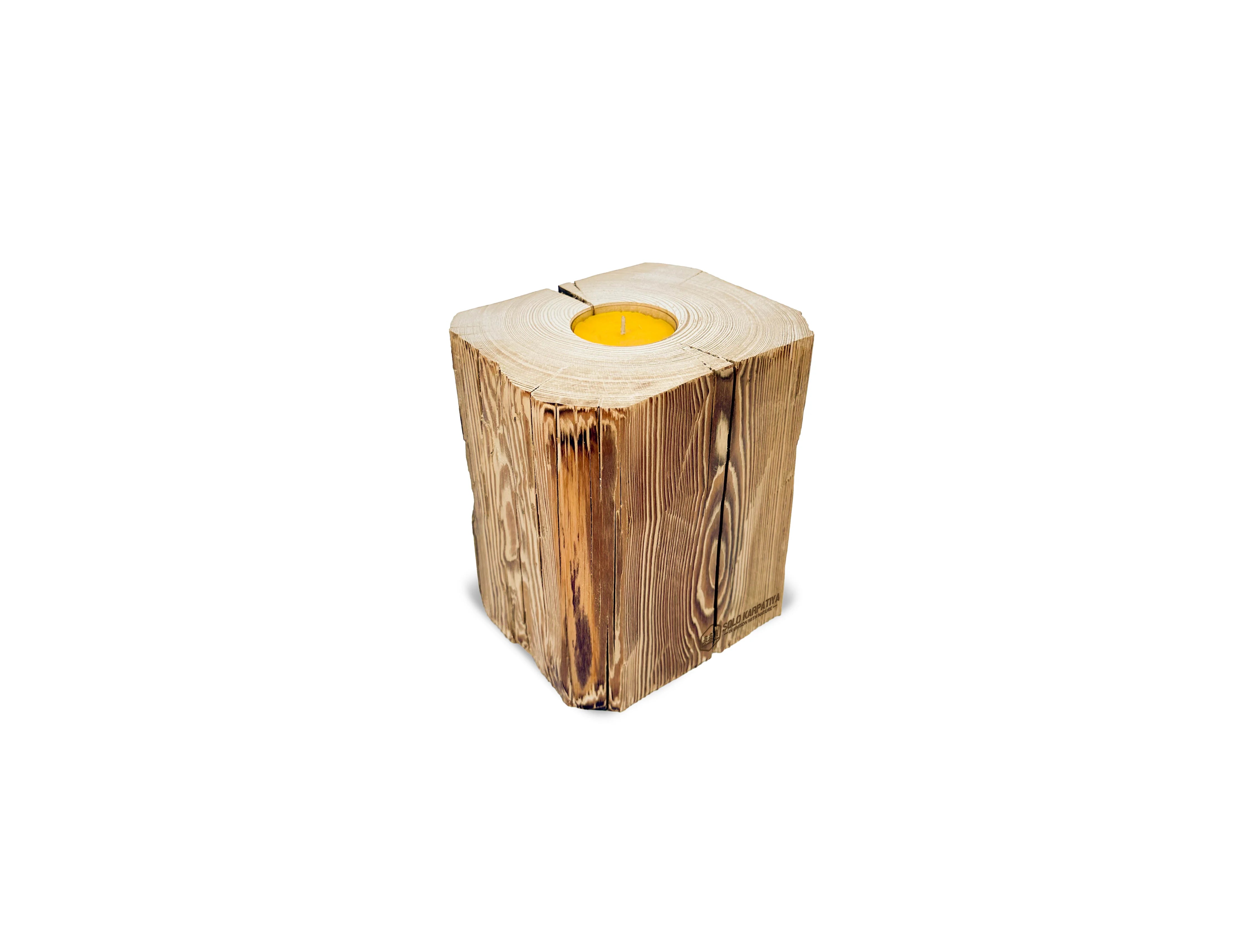 Candle holder made of hewn timber for one large candle