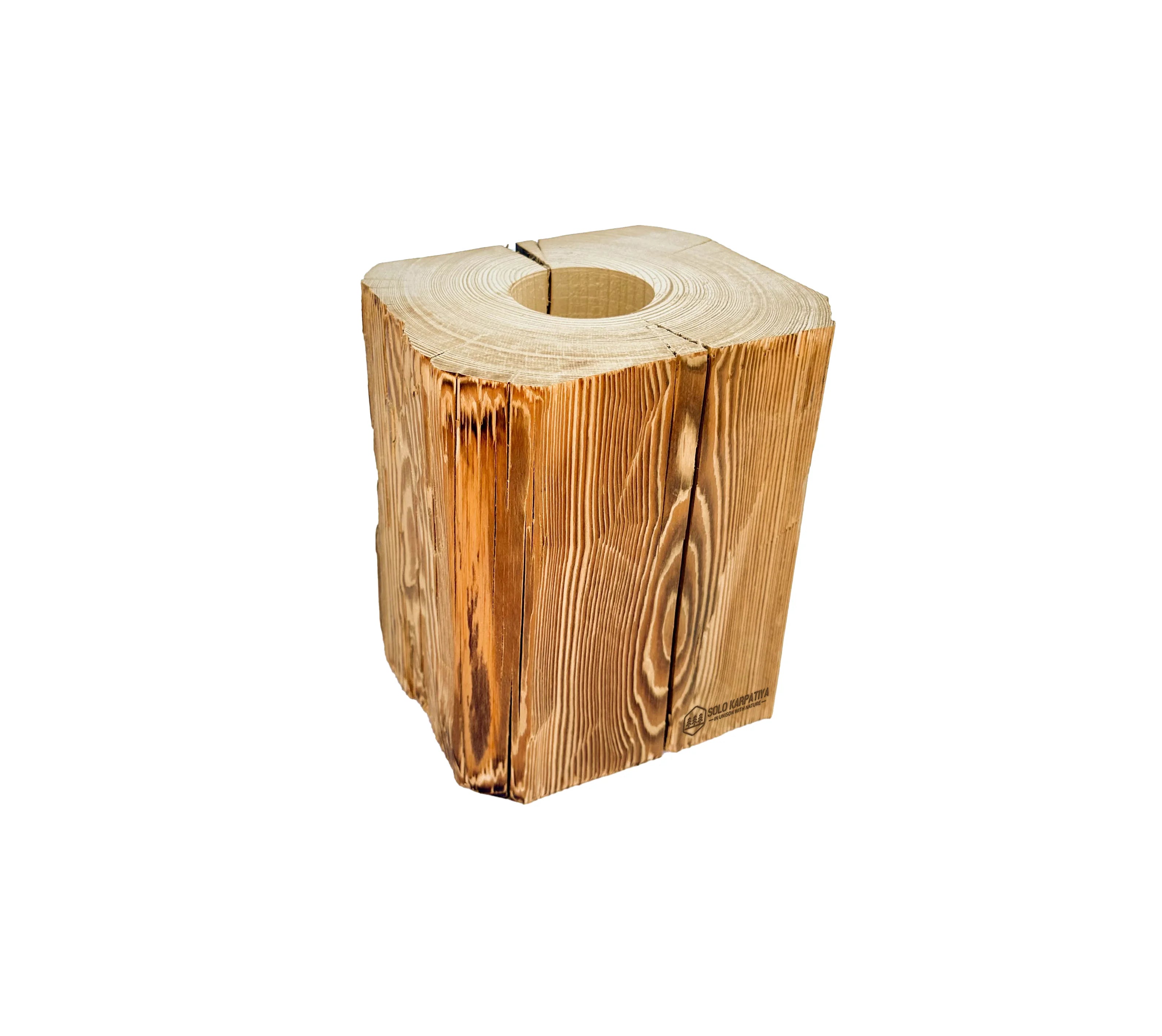 Candle holder made of hewn timber for one large candle