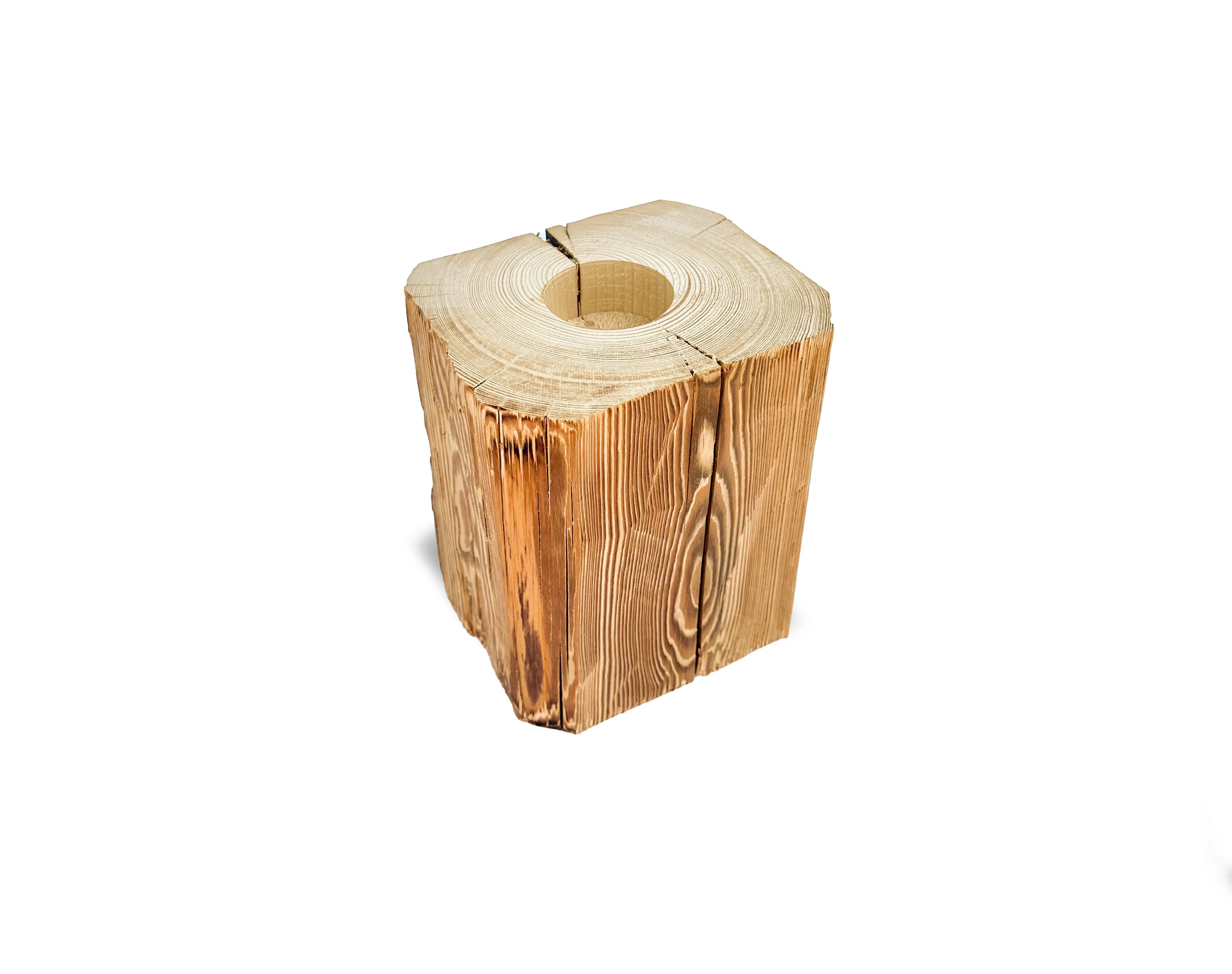 Candle holder made of hewn timber for one large candle