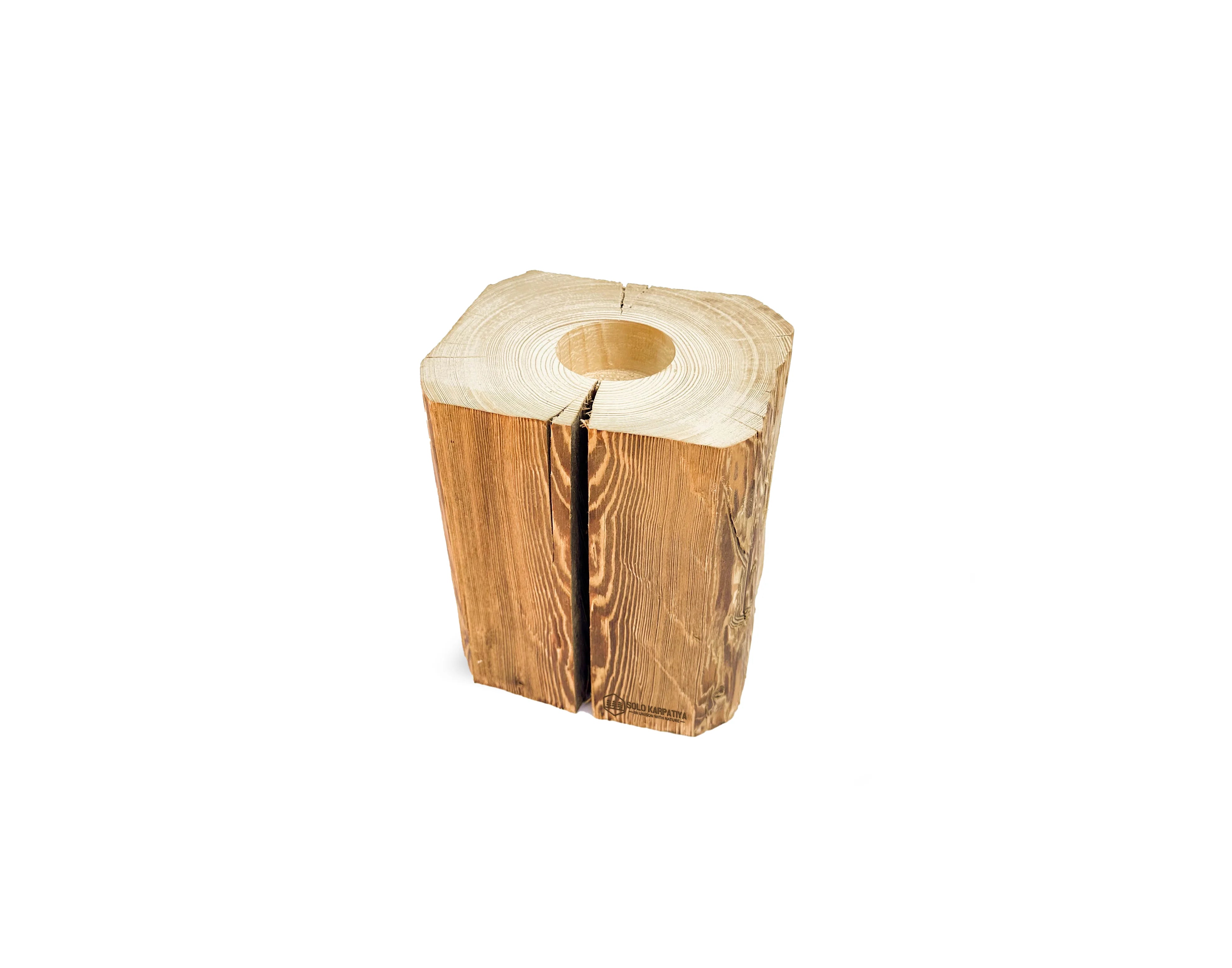 Candle holder made of hewn timber for one large candle