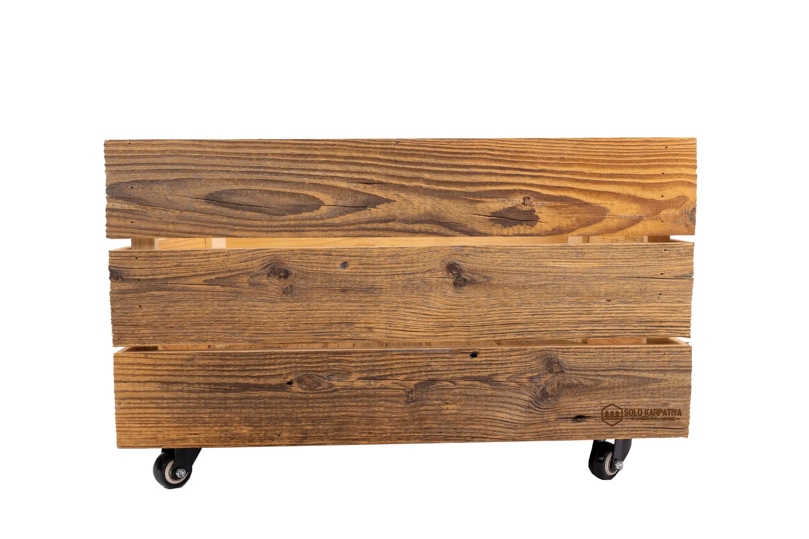 Large wooden box on wheels